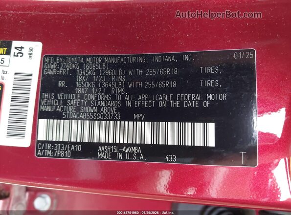 5TDACAB55SS033733 2025 TOYOTA GRAND HIGHLANDER Red Engine compartment view