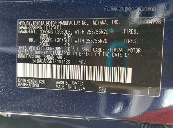 5TDACAB56TS101166 2026 TOYOTA GRAND Blue Vista de la etiqueta del VIN