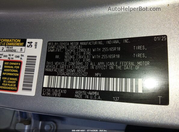 5TDACAB59SS032407 2025 TOYOTA GRAND HIGHLANDER Silver Вид підкапотного простору