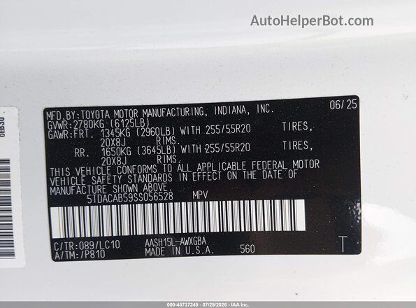 5TDACAB59SS056528 2025 TOYOTA GRAND HIGHLANDER White Вид підкапотного простору