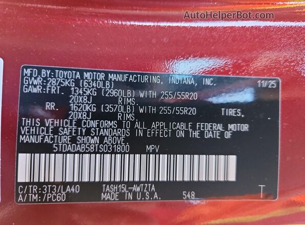5TDADAB58TS031800 2026 TOYOTA GRAND Red VIN կոդի պիտակի տեսք