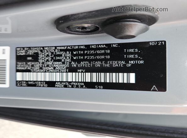 5TDASKFC2NS042881 2022 TOYOTA SIENNA Серебряный Панорамный вид салона 360°