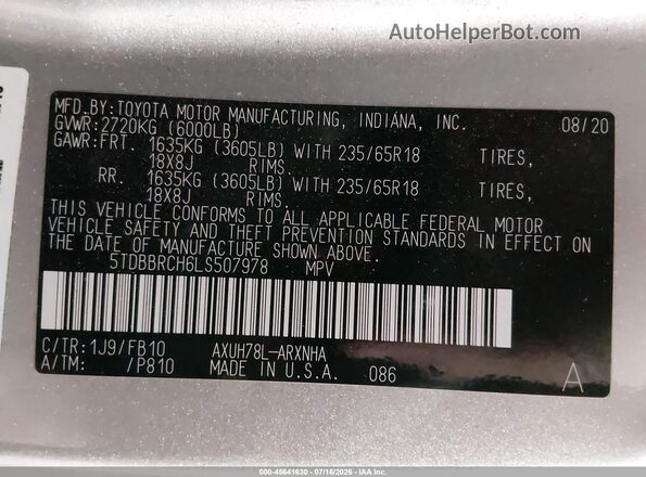 5TDBBRCH6LS507978 2020 TOYOTA HIGHLANDER Silver Вид підкапотного простору