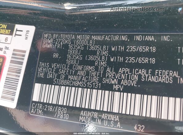 5TDBBRCH8MS515131 2021 TOYOTA HIGHLANDER Black Vista del compartimento del motor