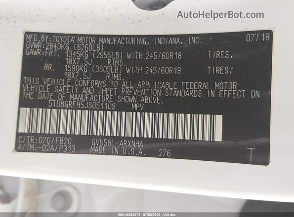 5TDBGRFH5JS051109 2018 TOYOTA HIGHLANDER HYBRID White Вид підкапотного простору