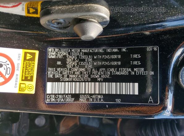 5TDBKRFH0GS267019 2016 TOYOTA HIGHLANDER Black Widok naklejki z numerem VIN