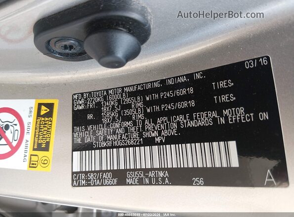 5TDBKRFH0GS268221 2016 TOYOTA HIGHLANDER Золотой Вид подкапотного пространства