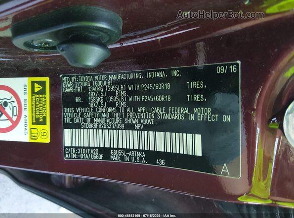5TDBKRFH2GS337099 2016 TOYOTA HIGHLANDER Темно-бордовый Вид подкапотного пространства