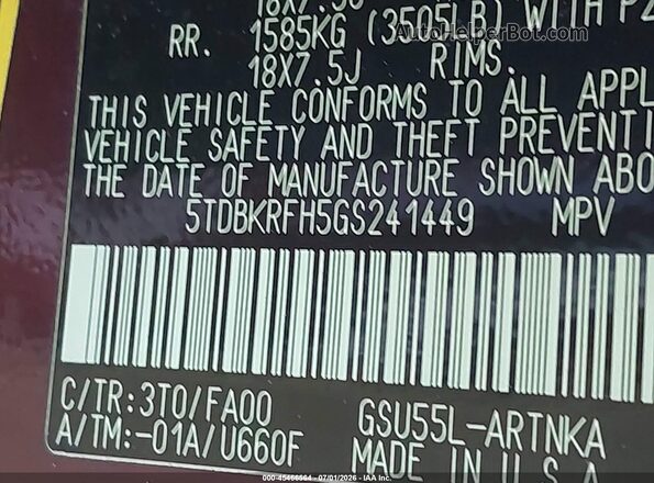 5TDBKRFH5GS241449 2016 TOYOTA HIGHLANDER Maroon Vista del compartimento del motor
