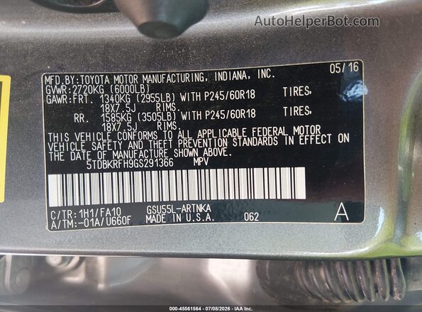 5TDBKRFH9GS291366 2016 TOYOTA HIGHLANDER Gray Շարժիչի բաժամունքի տեսք