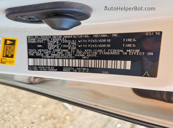 5TDBKRFHXGS265391 2016 TOYOTA HIGHLANDER White VIN კოდის სტიკერის ხედი