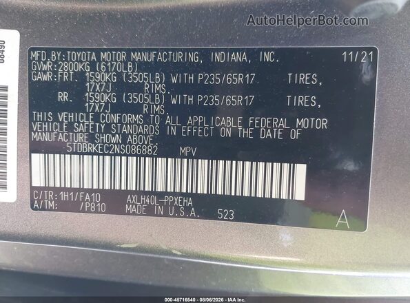 5TDBRKEC2NS086882 2022 TOYOTA SIENNA Gray Engine compartment view