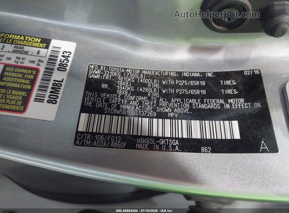 5TDBW5G10GS137269 2016 TOYOTA SEQUOIA Silver Вид підкапотного простору