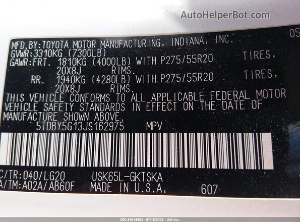 5TDBY5G13JS162975 2018 TOYOTA SEQUOIA White Շարժիչի բաժամունքի տեսք