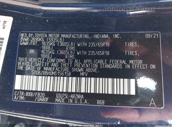 5TDBZRBH0MS156158 2021 TOYOTA HIGHLANDER Blue Vista del compartimento del motor