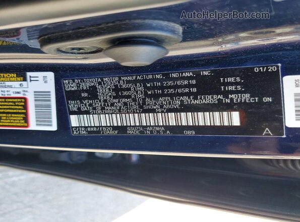5TDBZRBH2LS010147 2020 TOYOTA HIGHLANDER Blue Widok naklejki z numerem VIN