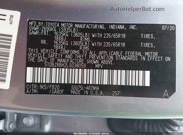 5TDBZRBH2LS038059 2020 TOYOTA HIGHLANDER Синий Вид подкапотного пространства