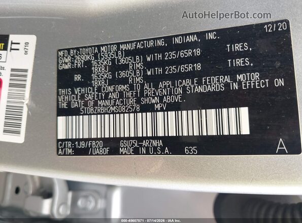 5TDBZRBH2MS082578 2021 TOYOTA HIGHLANDER Silver Вид підкапотного простору