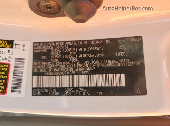 5TDBZRBH2MS534089 2021 TOYOTA HIGHLANDER White Vista interior de 360 grados