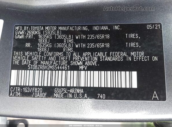 5TDBZRBH2MS544461 2021 TOYOTA HIGHLANDER Gray ძრავის განყოფილების ხედი