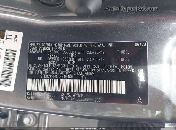 5TDBZRBH4LS515168 2020 TOYOTA HIGHLANDER Gray Engine compartment view