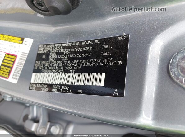 5TDBZRBH5MS154020 2021 TOYOTA HIGHLANDER Синий Вид подкапотного пространства