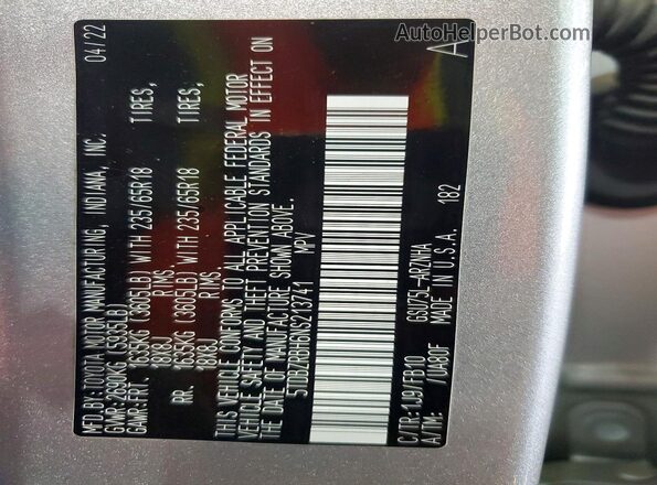 5TDBZRBH6NS213741 2022 TOYOTA HIGHLANDER Silver Widok naklejki z numerem VIN