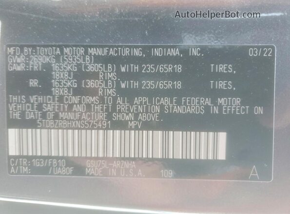 5TDBZRBHXNS575491 2022 TOYOTA HIGHLANDER Серый Панорамный вид салона 360°