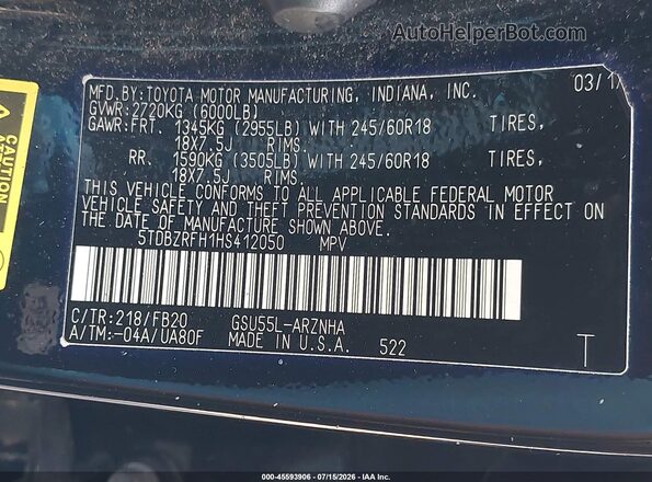 5TDBZRFH1HS412050 2017 TOYOTA HIGHLANDER Black Engine compartment view