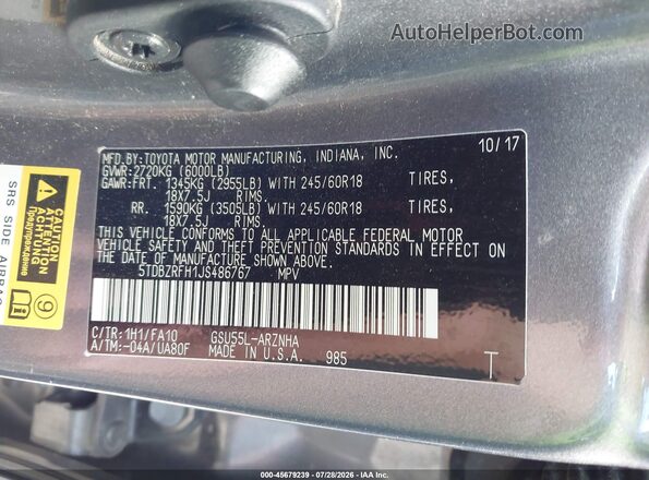 5TDBZRFH1JS486767 2018 TOYOTA HIGHLANDER Серый Вид подкапотного пространства