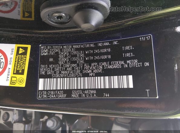 5TDBZRFH1JS807576 2018 TOYOTA HIGHLANDER Black ძრავის განყოფილების ხედი