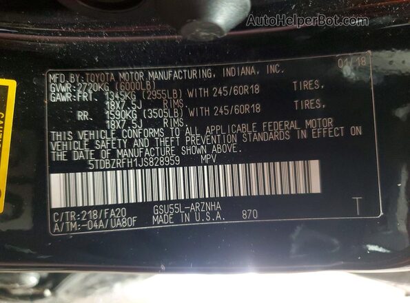 5TDBZRFH1JS828959 2018 TOYOTA HIGHLANDER Black Widok naklejki z numerem VIN