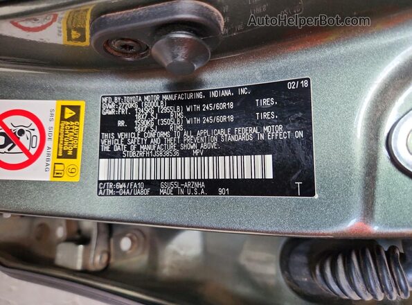 5TDBZRFH1JS838536 2018 TOYOTA HIGHLANDER Green Vista de la etiqueta del VIN