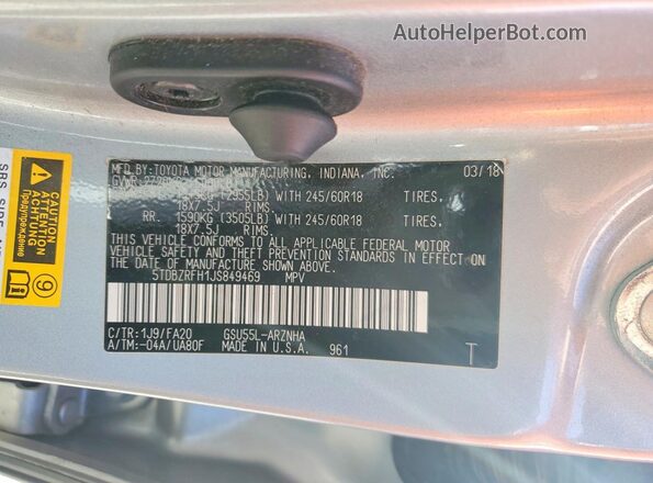 5TDBZRFH1JS849469 2018 TOYOTA HIGHLANDER Silver VIN sticker view