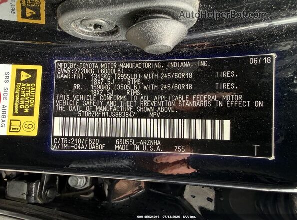 5TDBZRFH1JS883847 2018 TOYOTA HIGHLANDER Black Vista del compartimento del motor
