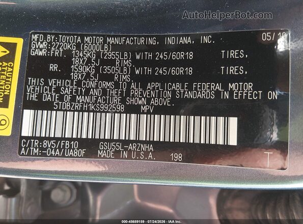 5TDBZRFH1KS992598 2019 TOYOTA HIGHLANDER Синий Вид подкапотного пространства