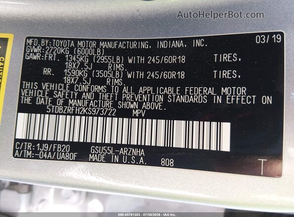 5TDBZRFH2KS973722 2019 TOYOTA HIGHLANDER Silver Vista del compartimento del motor