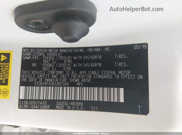 5TDBZRFH2KS997048 2019 TOYOTA HIGHLANDER White Engine compartment view