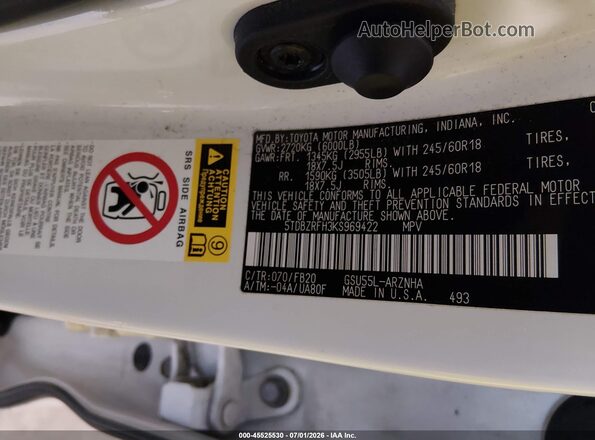 5TDBZRFH3KS969422 2019 TOYOTA HIGHLANDER White Widok komory silnika