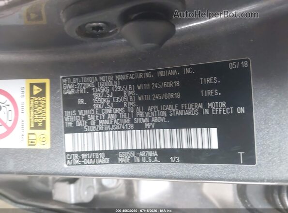 5TDBZRFH4JS874138 2018 TOYOTA HIGHLANDER Gray Widok komory silnika
