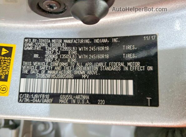 5TDBZRFH5JS805880 2018 TOYOTA HIGHLANDER Silver Панорамний вид салону 360°