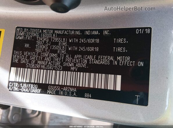 5TDBZRFH6JS821523 2018 TOYOTA HIGHLANDER Silver Vista del compartimento del motor