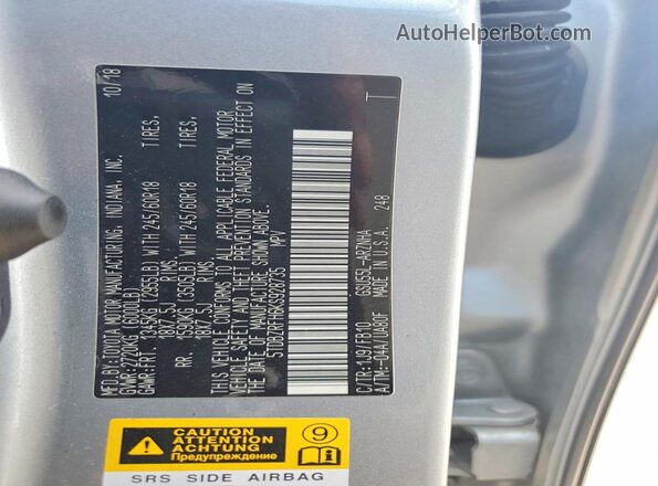 5TDBZRFH6KS928735 2019 TOYOTA HIGHLANDER Silver VIN կոդի պիտակի տեսք