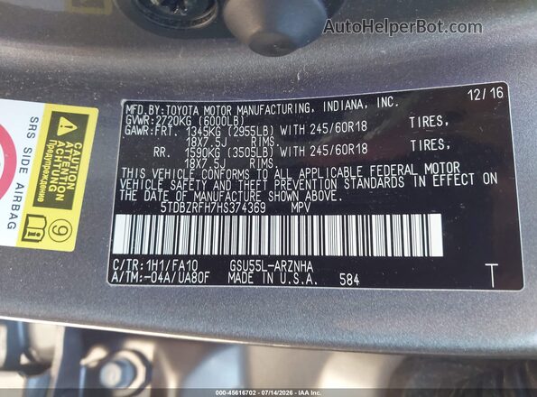 5TDBZRFH7HS374369 2017 TOYOTA HIGHLANDER Gray Widok komory silnika