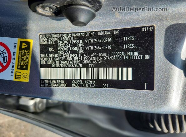 5TDBZRFH7HS379670 2017 TOYOTA HIGHLANDER Silver Widok naklejki z numerem VIN