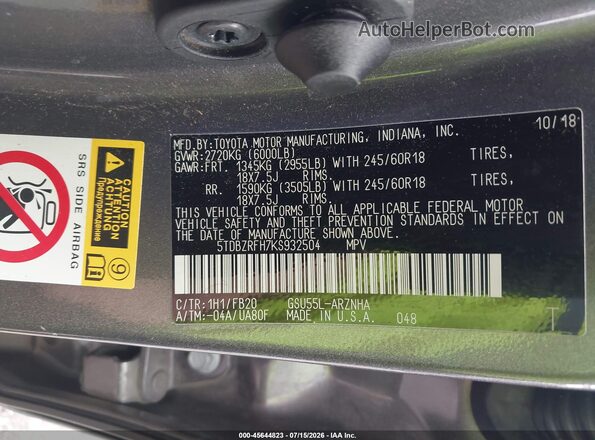 5TDBZRFH7KS932504 2019 TOYOTA HIGHLANDER Gray ძრავის განყოფილების ხედი