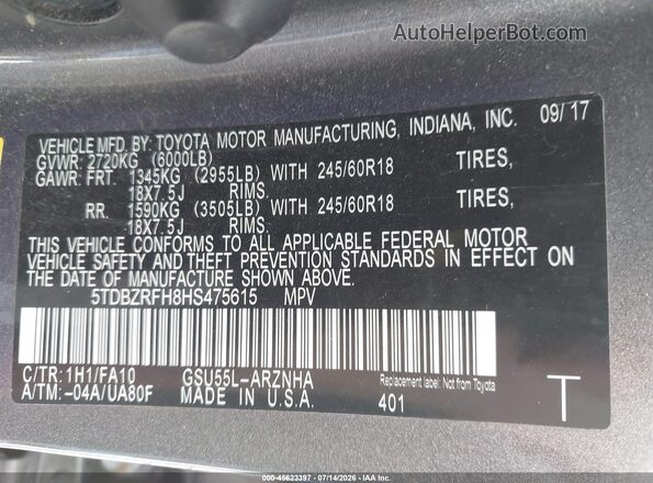 5TDBZRFH8HS475615 2017 TOYOTA HIGHLANDER Gray Շարժիչի բաժամունքի տեսք