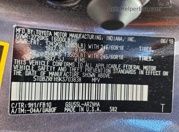5TDBZRFH9KS703838 2019 TOYOTA HIGHLANDER Серый Панорамный вид салона 360°