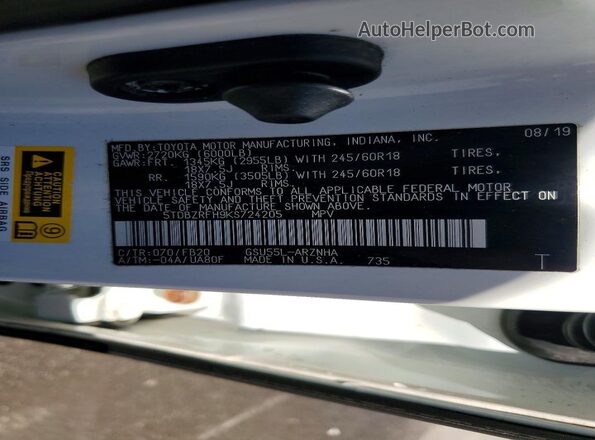 5TDBZRFH9KS724205 2019 TOYOTA HIGHLANDER White Widok wnętrza 360 stopni