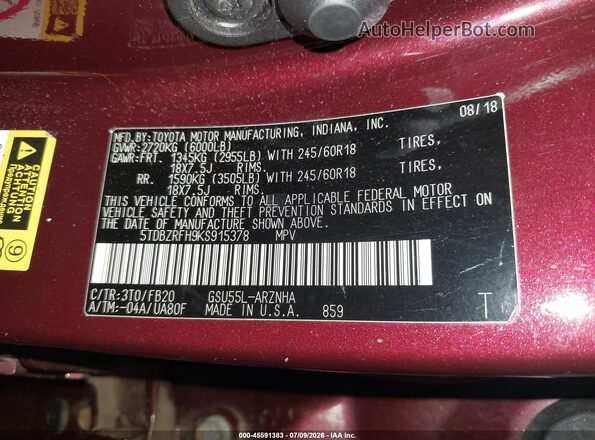 5TDBZRFH9KS915378 2019 TOYOTA HIGHLANDER Burgundy Widok komory silnika